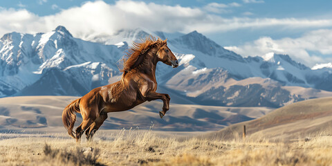 Majestic Horse Rearing in Field with Snow-Capped Mountains and Bold Sky
