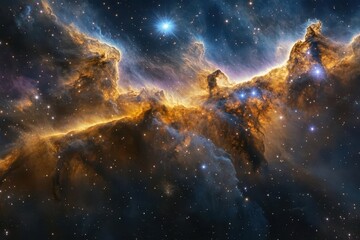 Obraz premium cosmic celebration in deep space, iridescent nebula bursts in gold and violet hues against starlit backdrop, ethereal celestial fireworks