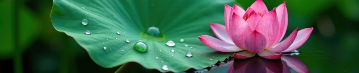 Fototapeta premium Water droplets on lotus leaf surface remaining unaffected by water movement, stillness, droplets, reflection