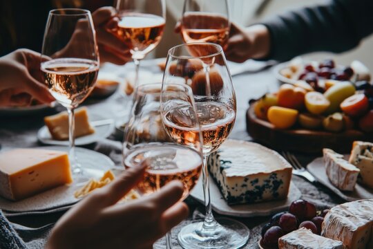 People are toasting with wine glasses at a dinner table