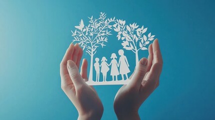 Hands holding paper cutout of family silhouette with trees, nurturing family care concept on turquoise background