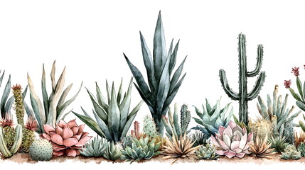Fototapeta premium Cactus and succulent plants arranged in a decorative pattern with a white background.