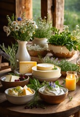 fresh dairy delights displayed beautifully styled farmhouse table rustic charm natural accents cozy gathering, artisan, appetizer, ambiance, berries