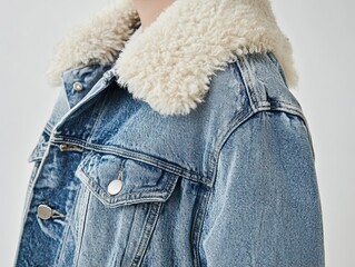 Close up view of a stylish denim jacket with a fuzzy sherpa collar detail
