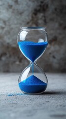 Blue sand hourglass, time lapse, grey background, concept