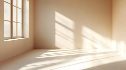 Fototapeta premium Bright and Airy Empty Room with Light Beige Walls and Soft Sunlight Streaming Through the Window, Ideal for Relaxation or Creativity