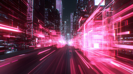 Futuristic city street, neon lights, night drive, digital cityscape, tech background