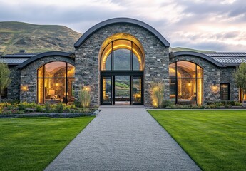 A spacious, large house featuring a beautifully curved walkway leading to it