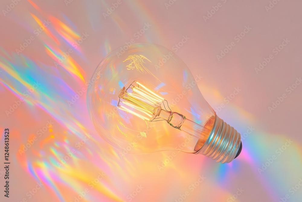 Wall mural crystal clear light bulb floating in ethereal space, internal filament casting prismatic rainbows, c