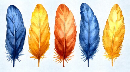 Fototapeta premium Colorful feathers in vibrant blue, gold, and orange tones arranged in a sequence on a light background