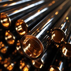 Obraz premium Close-up view of shiny metallic pipes arranged in a dynamic pattern, showcasing reflective surfaces and warm lighting effects
