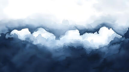Mysterious blue and white abstract watercolor painting with soft clouds blending together.