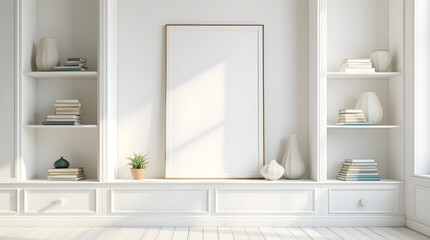 Minimalist Interior: White Bookshelves, Blank Frame Mockup, & Decorative Objects - Modern Home Decor & Styling Ideas
