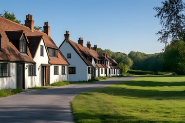 Charming village houses, sunny lane, golf course background, idyllic real estate
