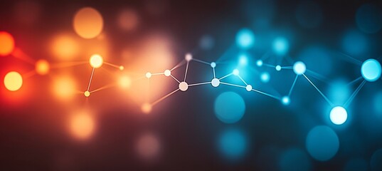 Obraz premium Abstract Network Connecting Blue and Orange Bokeh Lights Glowing Nodes on Gradient Background