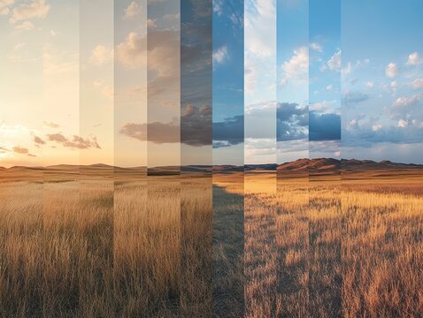 A time lapse of a rural landscape showing the changing light and sky over the fields