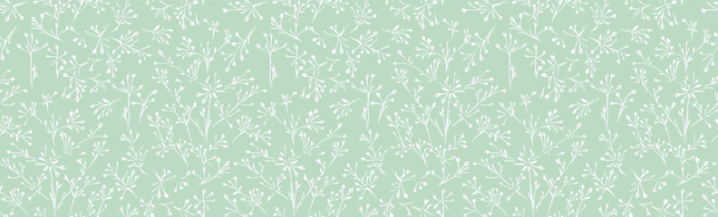Seamless pattern featuring delicate white floral branches on a pastel mint green background. Elegant and minimalistic botanical design perfect for wallpapers, fabric prints, stationery