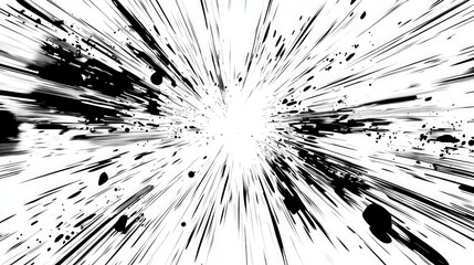 Naklejka premium Dynamic Black and White Abstract Graphic Design with Radial Movement and Ink Splatters