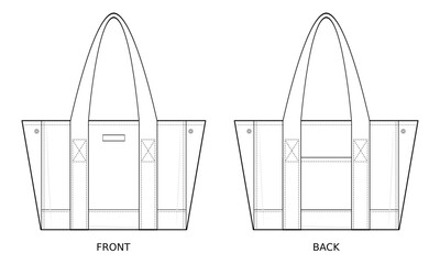 Expandable Side Tote Bag Technical Fashion Illustration. Structured Tote with Snap-Button Side Panels Vector Template. Front and Back View. Reinforced Handles. Functional Storage. CAD Mockup set.