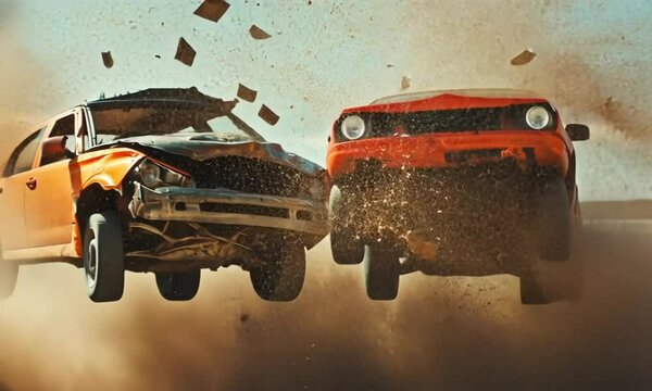 Head-on collision between two cars with flying metal debris in a controlled crash test. Captures impact and damage in 4K video