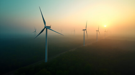 Wind Turbines at Sunrise: Renewable Energy Landscape, Misty Morning, Clean Power Generation, Sustainable Future, Aerial View