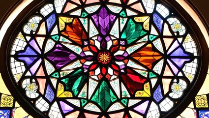 Vibrant Stained Glass Rosette: A Circular Window of Intricate Geometric Patterns and Rich Colors, Illuminated by Light, Creating a Stunning Display of Traditional Art and Design. Renaissance. 2