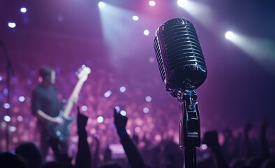 A microphone is placed in front of a large crowd at a concert event