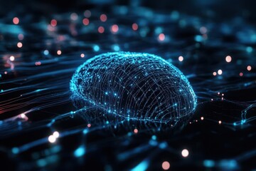 cybersecurity concept with glowing neural network overlaid on fingerprint scanner, deep blue tech aesthetic