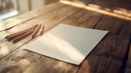 Aged wooden table with blank paper and a set of pencils, soft natural light falling on the scene.
