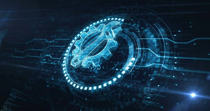 Management setting gear maintenance and fixing symbol digital concept. Cyber technology and computer background abstract 3d animation. Seamless and loopable.