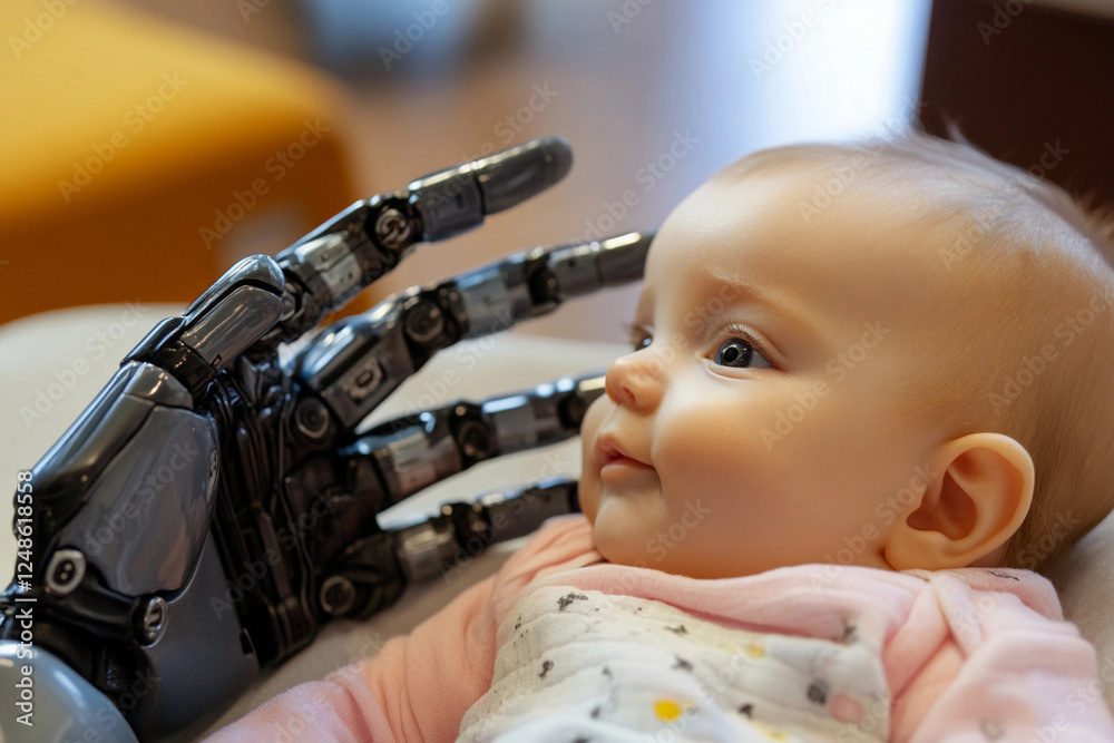 Poster baby interacts with robotic hand in a cozy setting