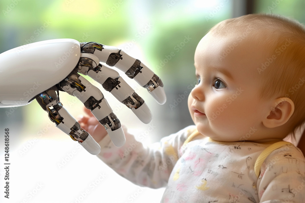 Poster Robot hand interacts with curious baby in modern setting