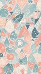 abstract illustration of seamless pattern of whimsical hand-drawn shapes and icons in soft pastel hues