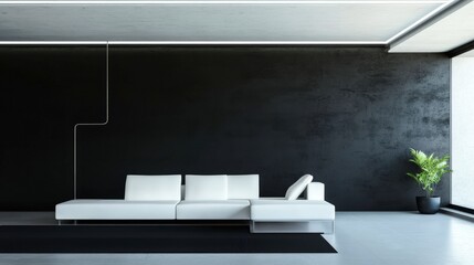 Modern Minimalist Living Room Design with Dark Concrete Walls and White Sofa