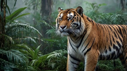 Obraz premium Majestic Tiger Alert and Watchful in Misty Jungle Setting