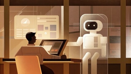 Fototapeta premium human and AI concept, A person interacting with a robot in an office.