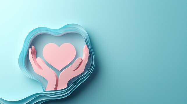 Paper cut hands holding pink heart on layered turquoise background, love and care concept art