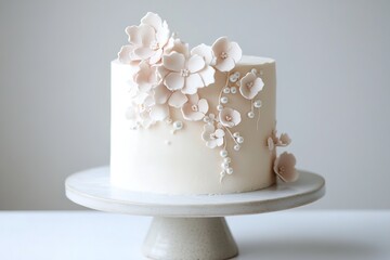 A stunning vanilla cake in soft blush tones features handcrafted sugar flowers cascading down one side. Edible pearls enhance its elegance, perfect for celebrations