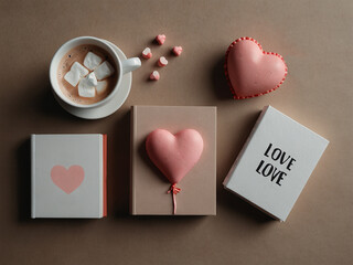 Valentine gift boxes and pink heart balloon with hot chocolate and melted marshmallow.