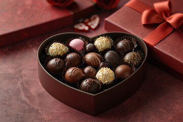 Obraz premium Heart shaped box with delicious chocolate candies.