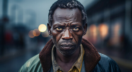 Fototapeta premium close-up of a mature african american man in 60s in the middle of street city. Black lives matter