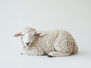 Fototapeta premium Sheep resting peacefully on a white background in a tranquil indoor setting