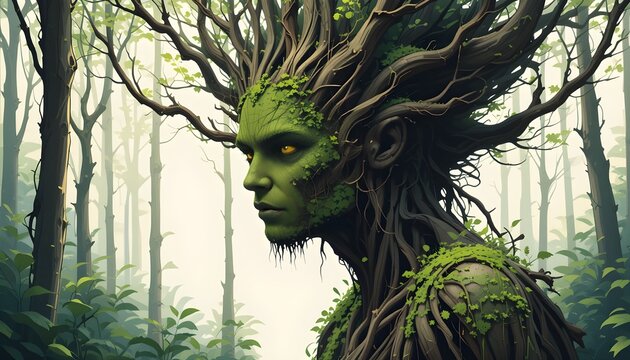 A mystical embodiment of nature, this ethereal figure merges human and plant elements, promoting environmental awareness and harmony with the earth.