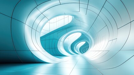 Fototapeta premium Abstract futuristic tunnel with glowing teal walls and circular openings.