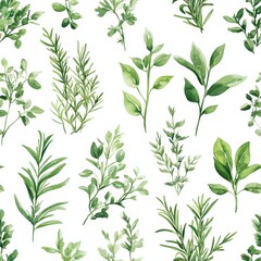 Fototapeta premium Seamless Pattern Featuring Various Herbs Including Rosemary, Sage, Mint, Basil, Thyme, and Other Greenery on a Clean White Background