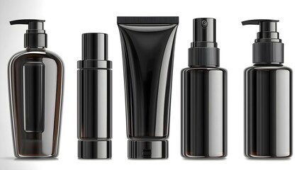 Set of black cosmetic dispensers tubes, jars and sprays isolated on a white background, mockup template.