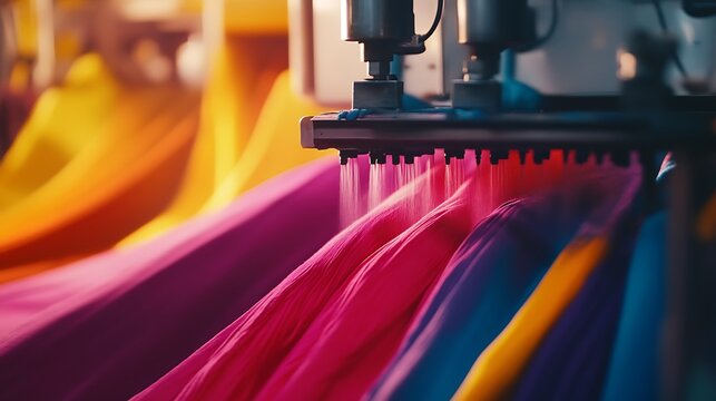 Textile fabric moves through an industrial dyeing machine for commercial garment manufacturing.