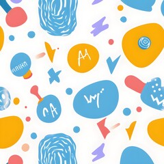 abstract illustration of seamless pattern of whimsical hand-drawn shapes and icons in soft pastel hues