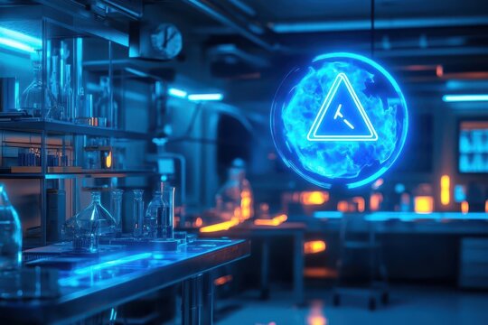 digital hologram warning symbol floating in cyberpunk laboratory, neon blue glow, reflective surfaces, futuristic aesthetic - Powered by Adobe