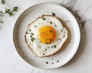 Fried egg with parsley on speckled plate overhead view